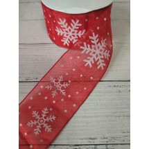 Лента органза 4 см "Снежинки" красный, цена за 1 м